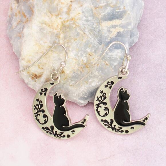 Feline Dreams Silver Moon Black Cat Earrings - Picture 1 of 2